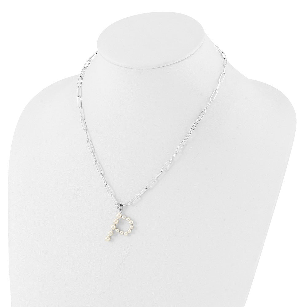 Sterling Silver 3-5.5mm White Button Cultured Pearl LETTER P Necklace 18"