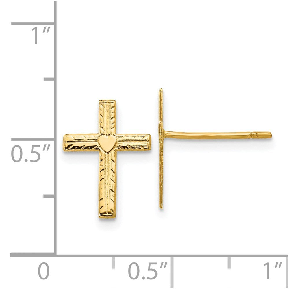 14k Yellow Gold Polished & Satin Heart Cross Stud Earrings Gift for Women