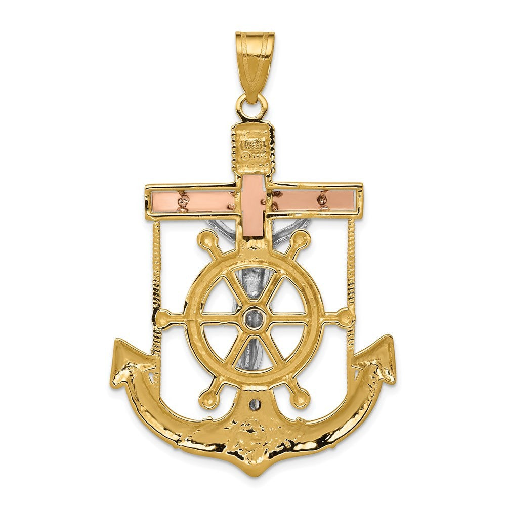 14k Tri-Color Gold Diamond-cut w Textured Mariner's Cross Pendant