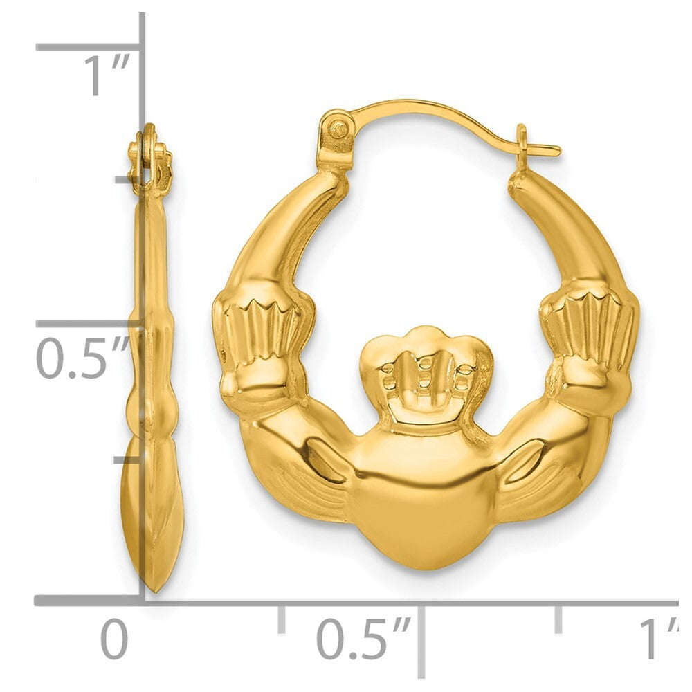 14k Yellow Gold Polished Claddagh Hoop Earrings Gift for Women
