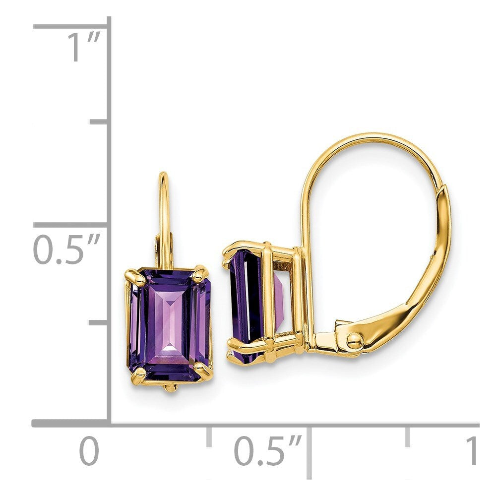 14k Yellow Gold 7x5mm Emerald Cut Amethyst Leverback Earrings Gift for Women