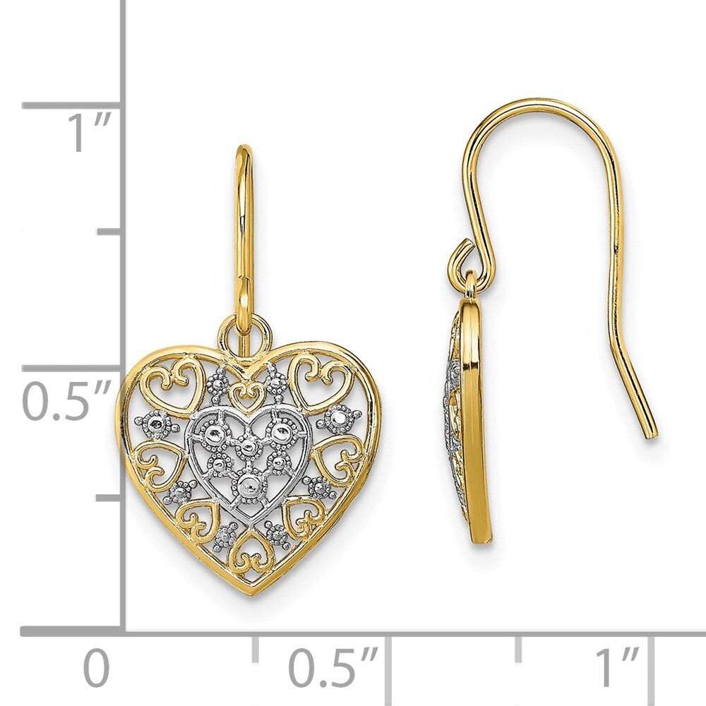 14k Yellow Gold Rhodium Polished Filigree Hearts Shepherd Hook Stud Earrings