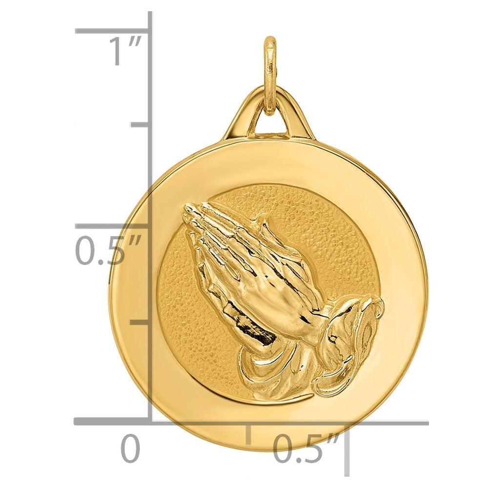 14k Yellow Gold Polished and Satin Solid Praying Hands Disc Pendant