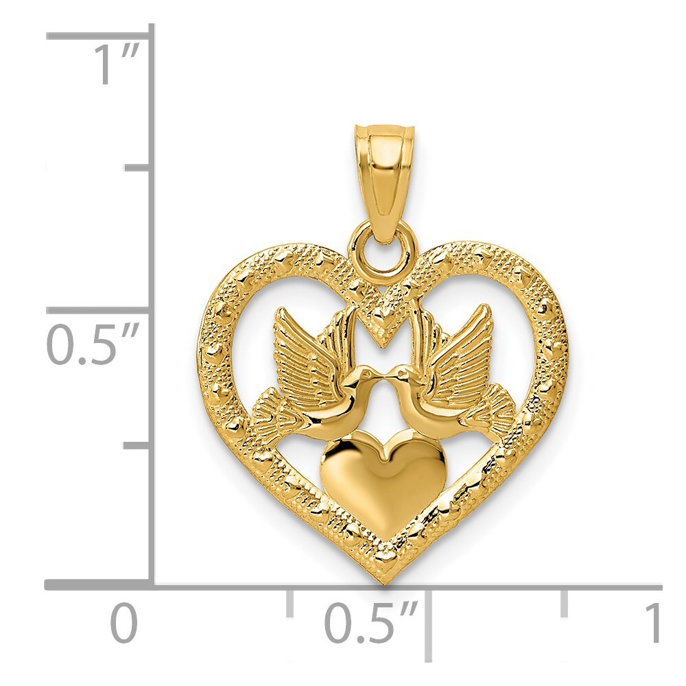 14k Yellow Gold Polished Doves in Heart Pendant for Women