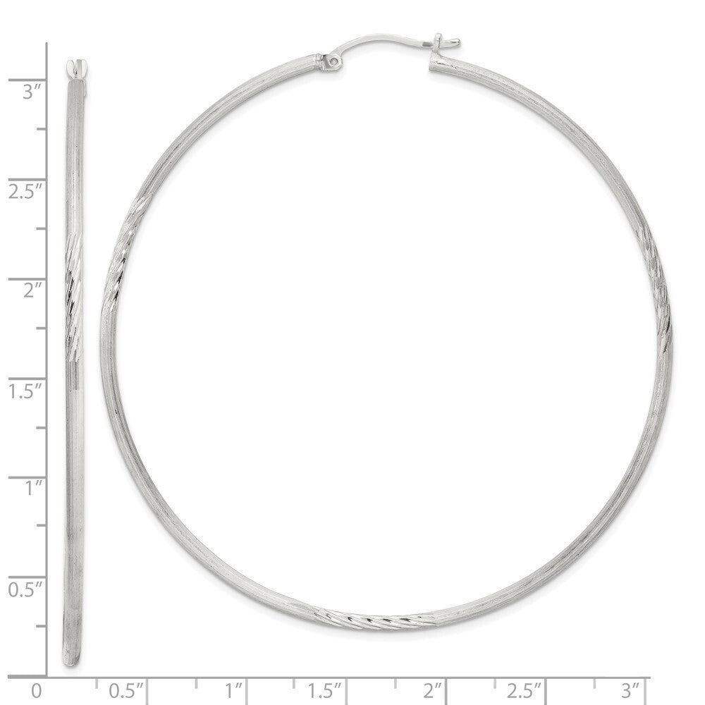 Sterling Silver 2mm Polished/Satin Diamond-cut Hoop Earrings