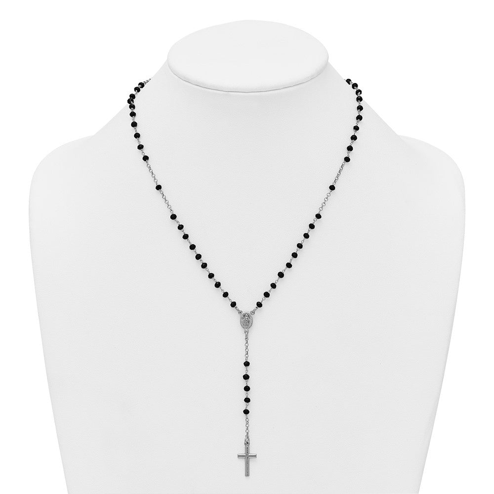 Sterling Silver Rhodium-plated Black Crystal Rosary Necklace 18.5" with 1" ext