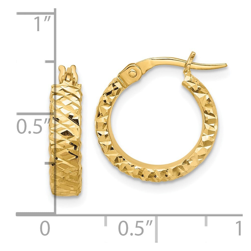 14k Yellow Gold Polished 4mm Diamond Cut Hoop Earrings Gift for Women