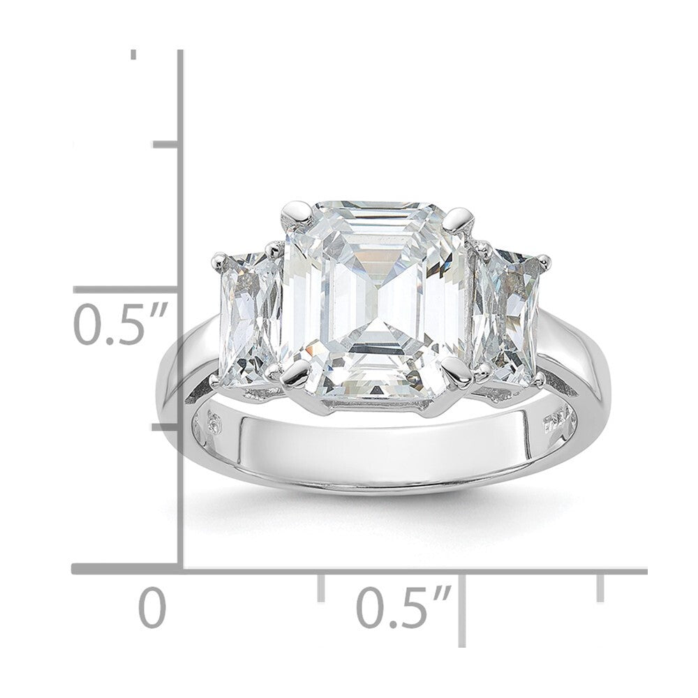 Sterling Silver Rhodium-plated Emerald-cut Cubic Zirconia 3-stone Ring Size 6