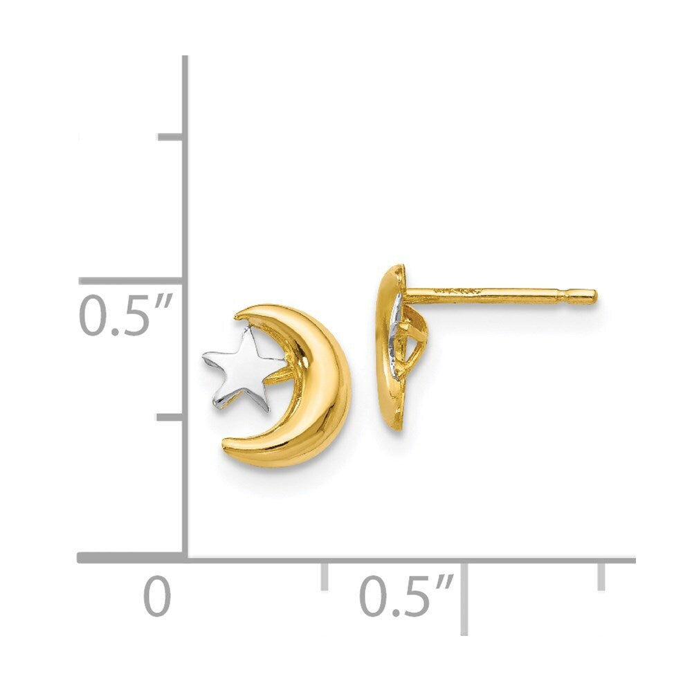 14k Yellow Gold Polished & Rhodium Moon & Star Stud Earrings Gift for Women