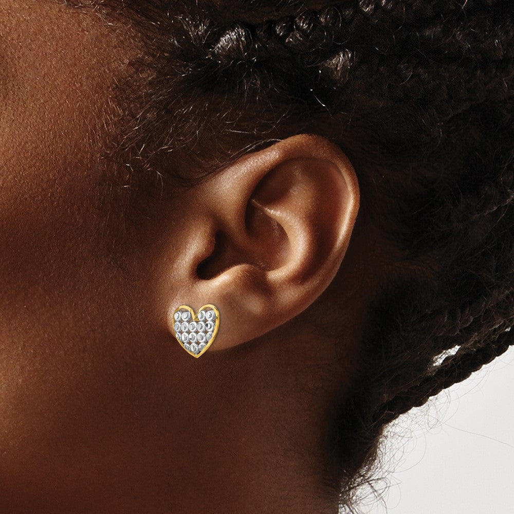 14k Yellow Gold w/ Rhodium Diamond-Cut Heart Earrings