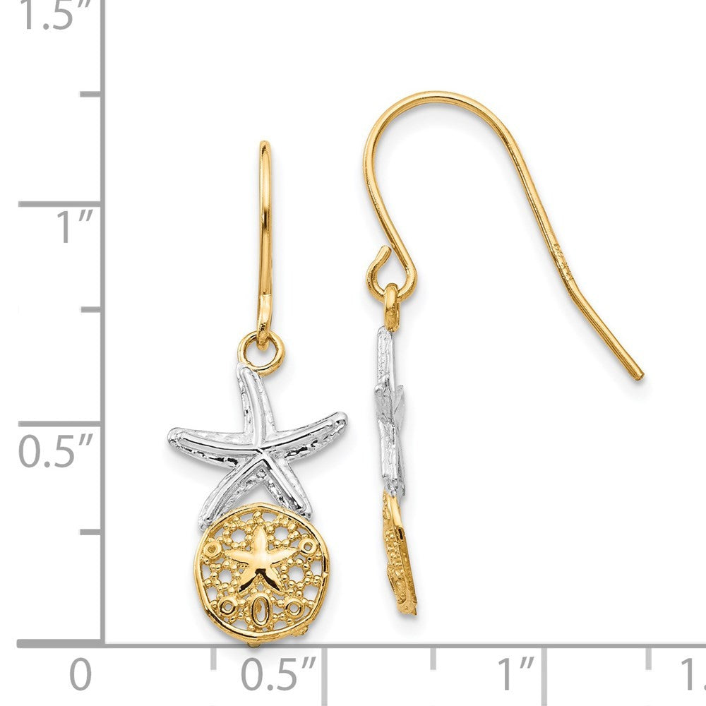 14k Yellow Gold Rhodium Starfish Sand Dollar Drop Dangle Earrings Shepherd Hook