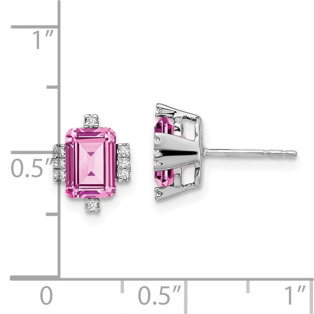 14k White Gold Emerald-shape Creat. Pink Sapphire/Diamond Stud Earrings