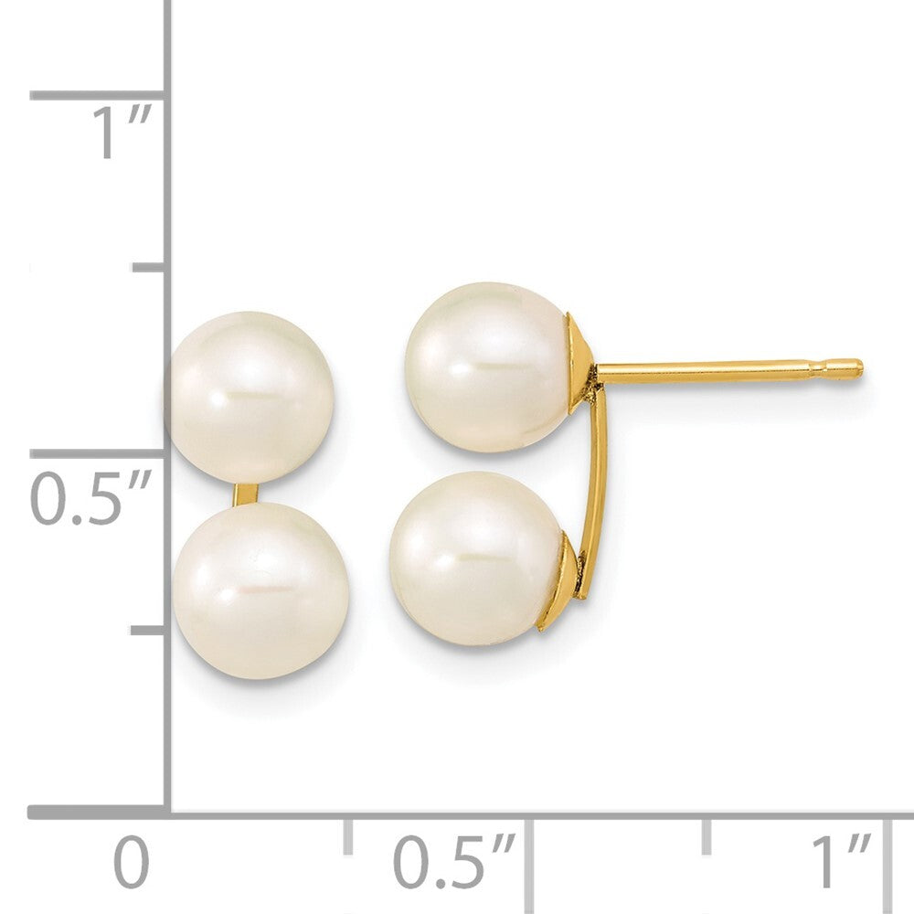 14k Yellow Gold 6-7mm White Round Freshwater Cultured Double Pearl Stud Earrings