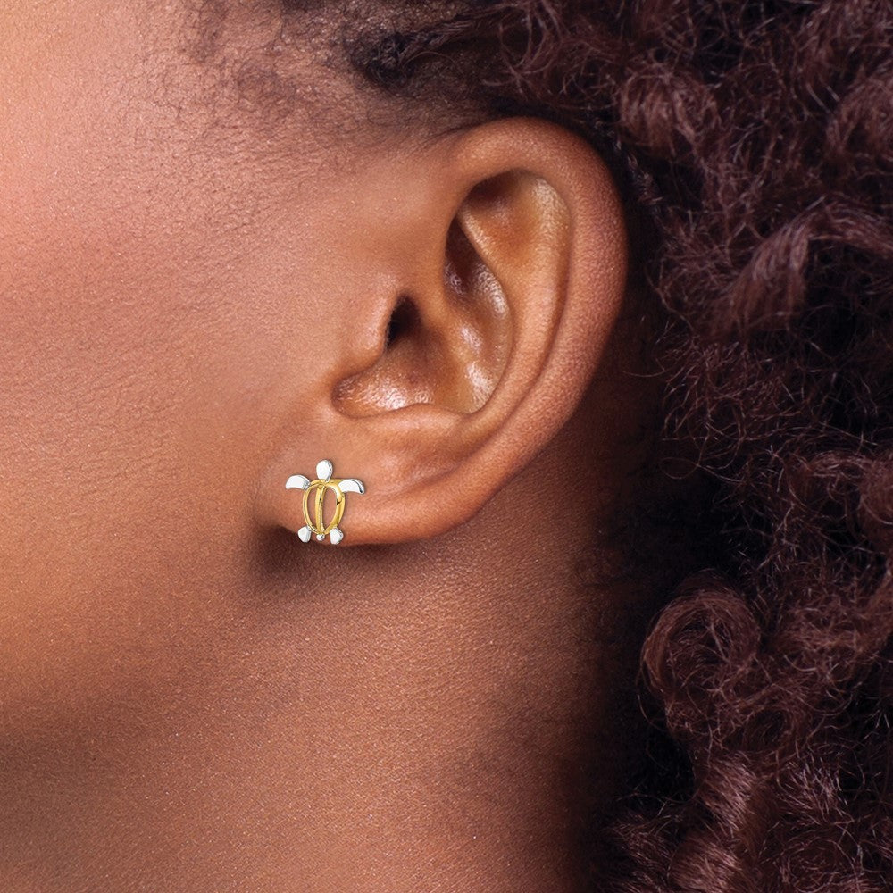 14k Yellow Gold W/ Rhodium Sea Turtle Earrings