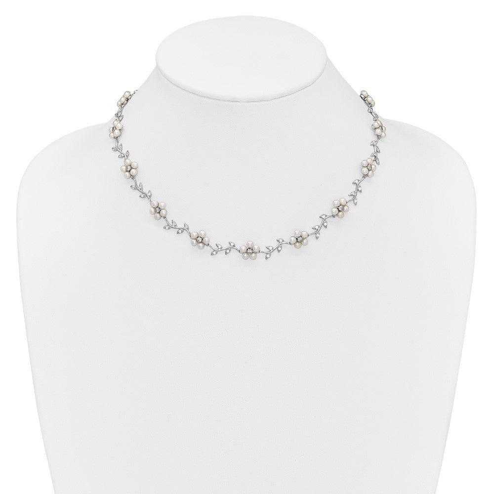 Sterling Silver CZ Vine Pattern Fresheater Cultured Pearl Floral Necklace 16"
