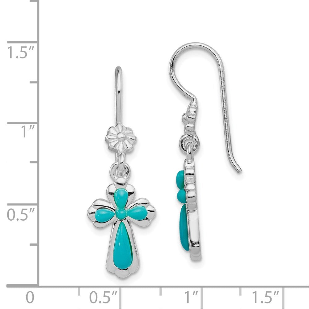 Sterling Silver Polished Imitation Turquoise Cross & Flower Dangle Earrings
