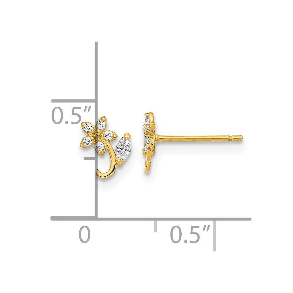 14k Yellow Gold Polished Flower Cubic Zirconia Stud Earrings Gift for Women