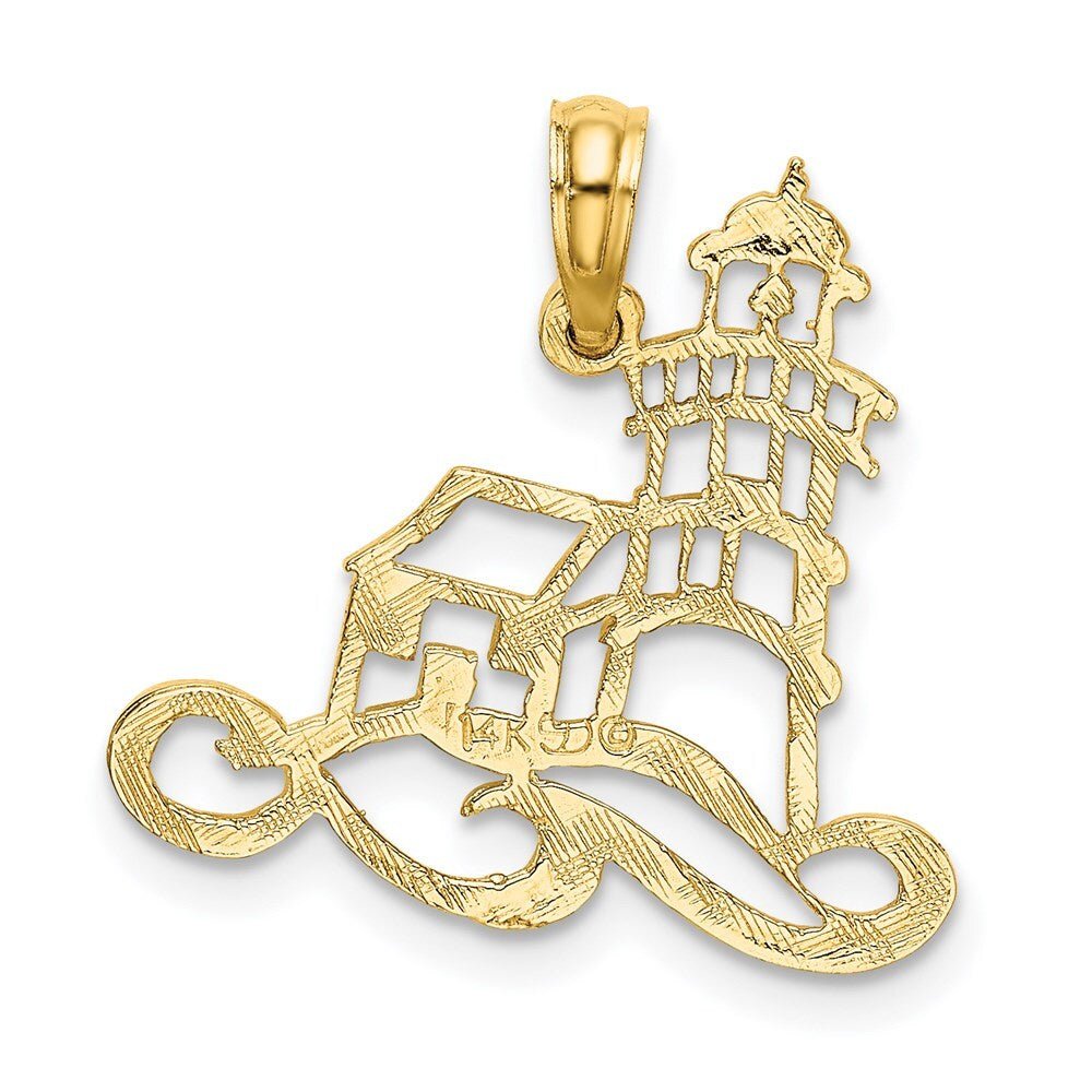 14k Yellow Gold Cut-Out Lighthouse Water Charm Pendant for Women