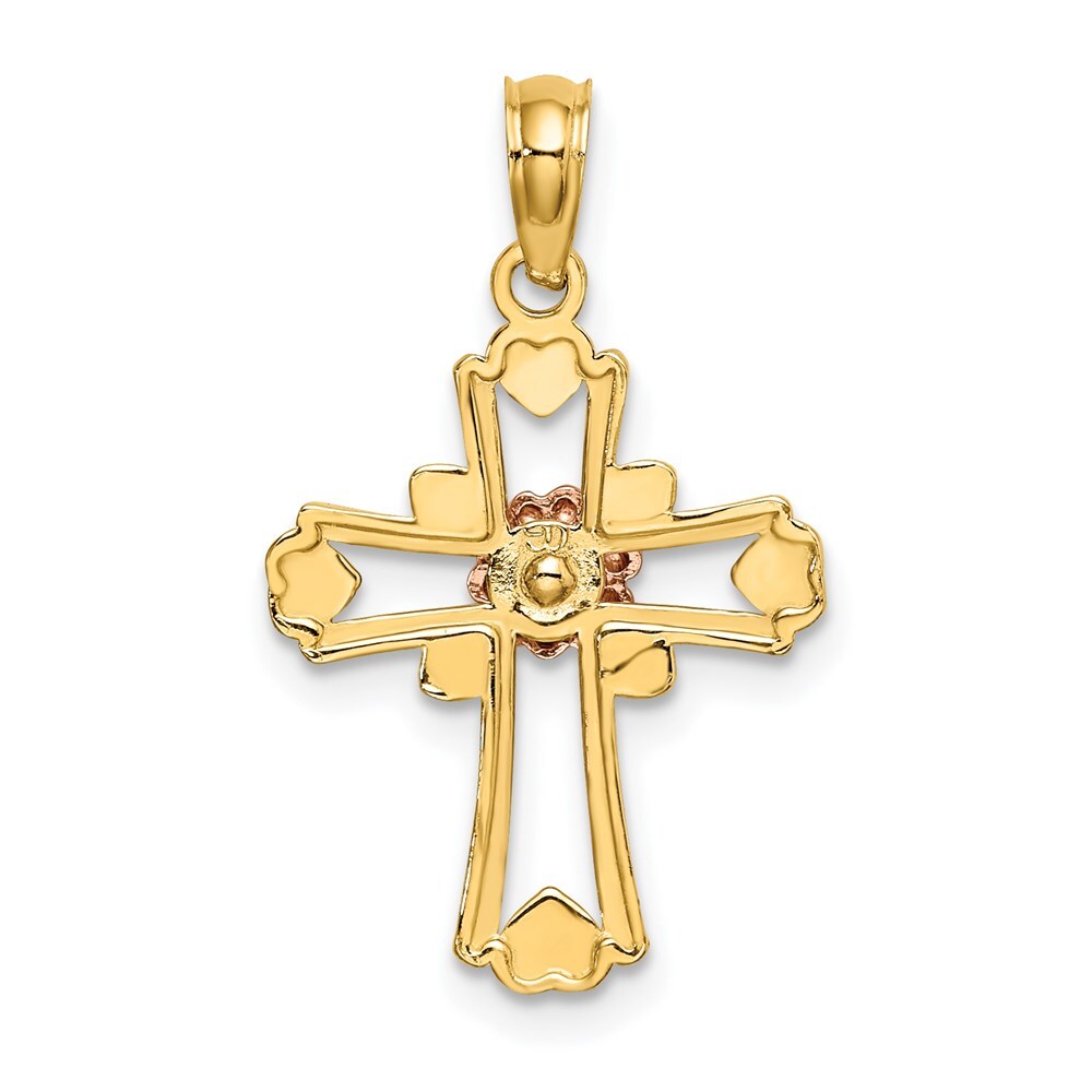 14k Two-tone Gold White Rhodium Cross Flower and Heart Charm Pendant