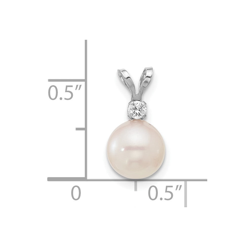 14k White Gold 7-8mm White Round Akoya Cultured Pearl &.05 Carat Diamond Pendant