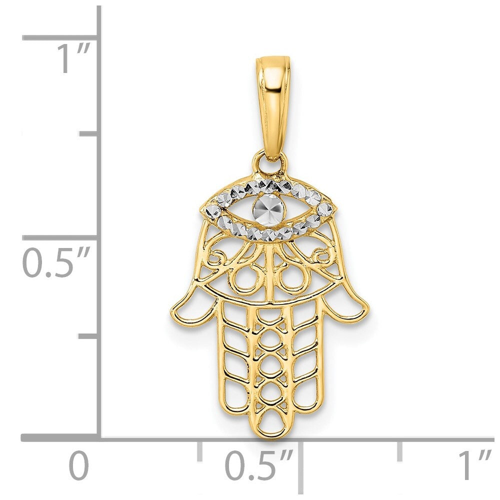 14k Yellow Gold & White Rhodium Diamond-cut Evil Eye Hamsa Pendant
