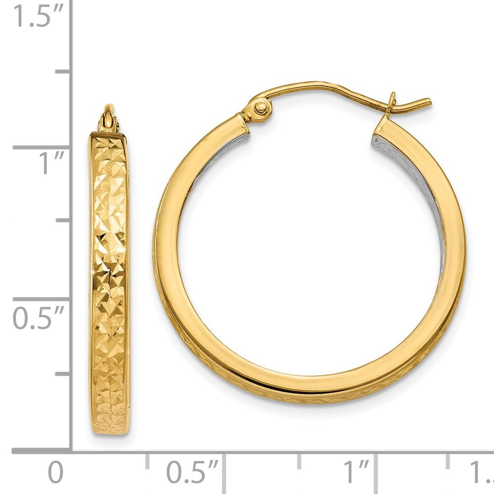 14k Yellow Gold White Rhodium Light Square Diamond Cut Hoop Earrings