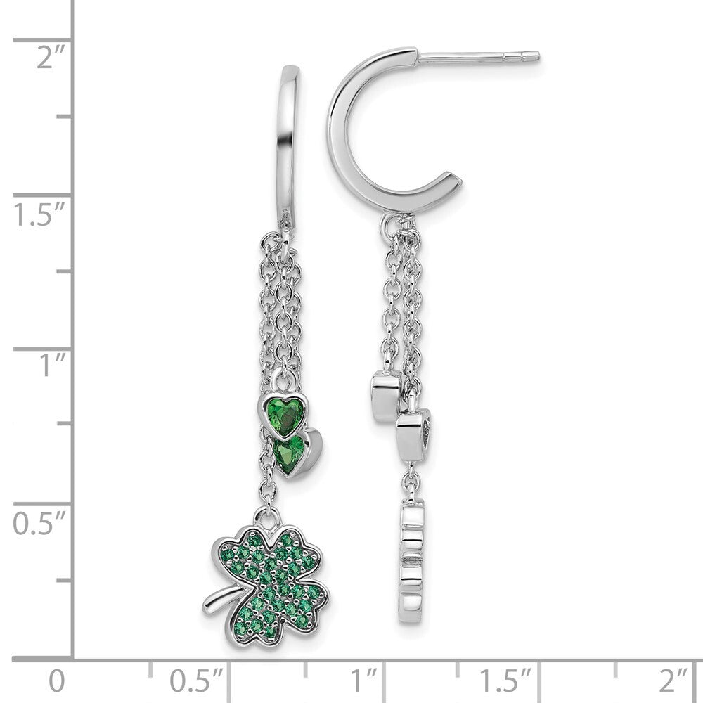 Sterling Silver Green Cubic Zirconia Clover Heart Post Hoop Earrings