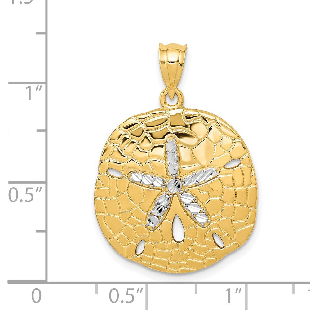 14k Yellow Gold with White Rhodium Polished Diamond-Cut Sand Dollar Pendant