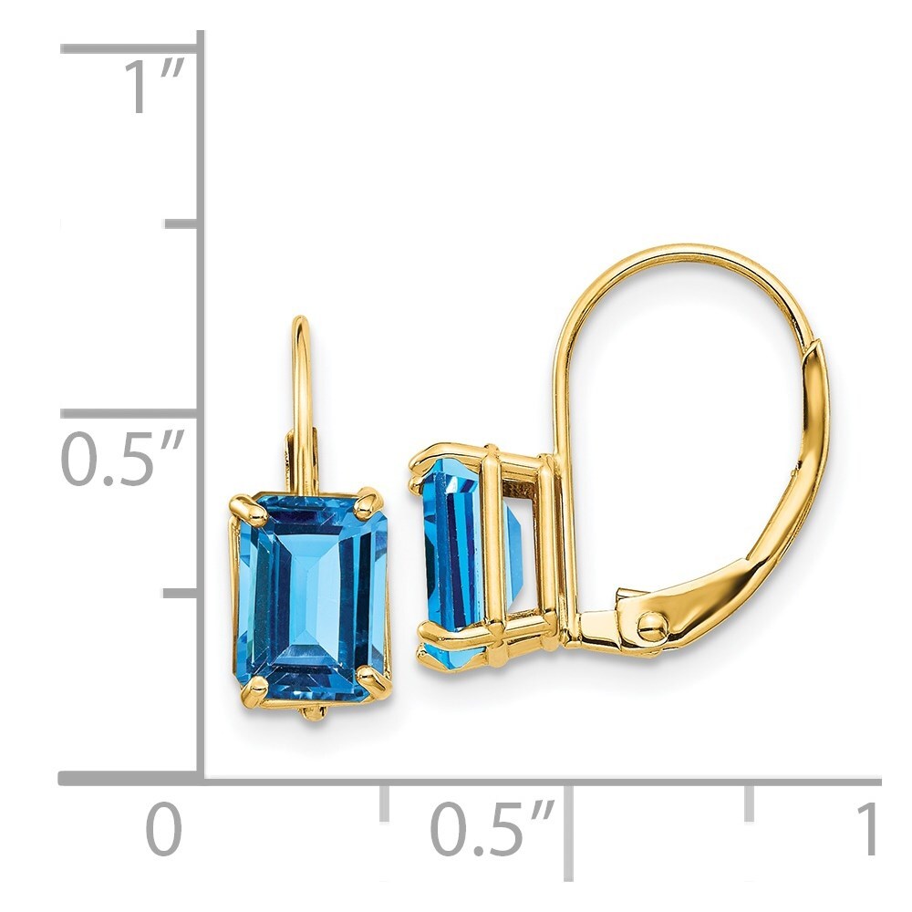 14k Yellow Gold 7x5mm Emerald Cut Blue Topaz Dangle Earrings Leverback