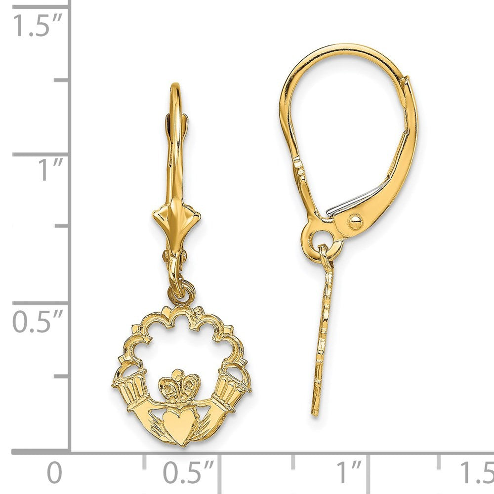 14k Yellow Gold Polished Claddagh Drop Dangle Earrings