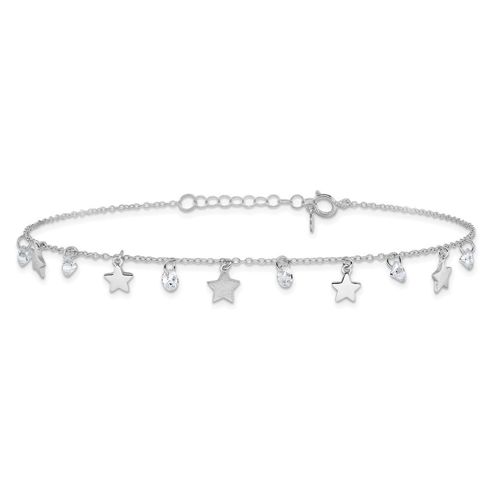 Sterling Silver Rhodium-plated Stars and CZ 10" Anklet