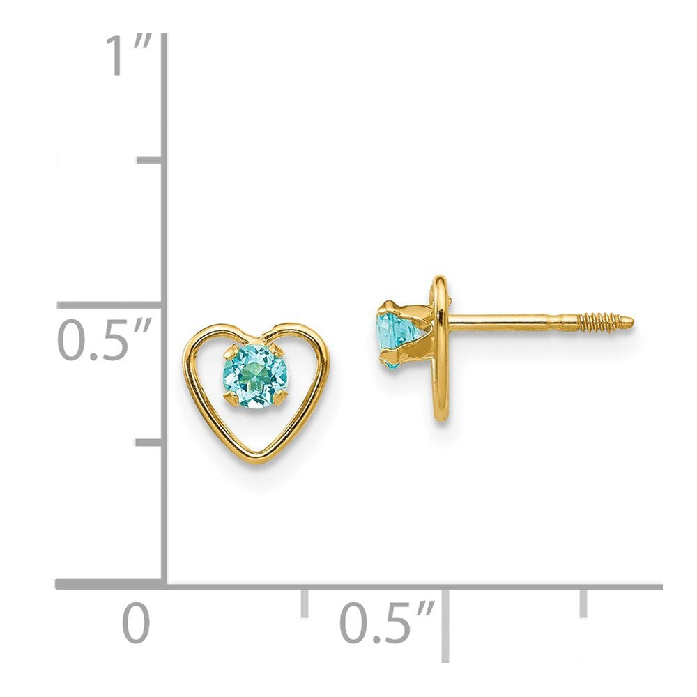 14k Yellow Gold 3mm Genuine Blue Topaz Birthstone Heart Stud Earrings