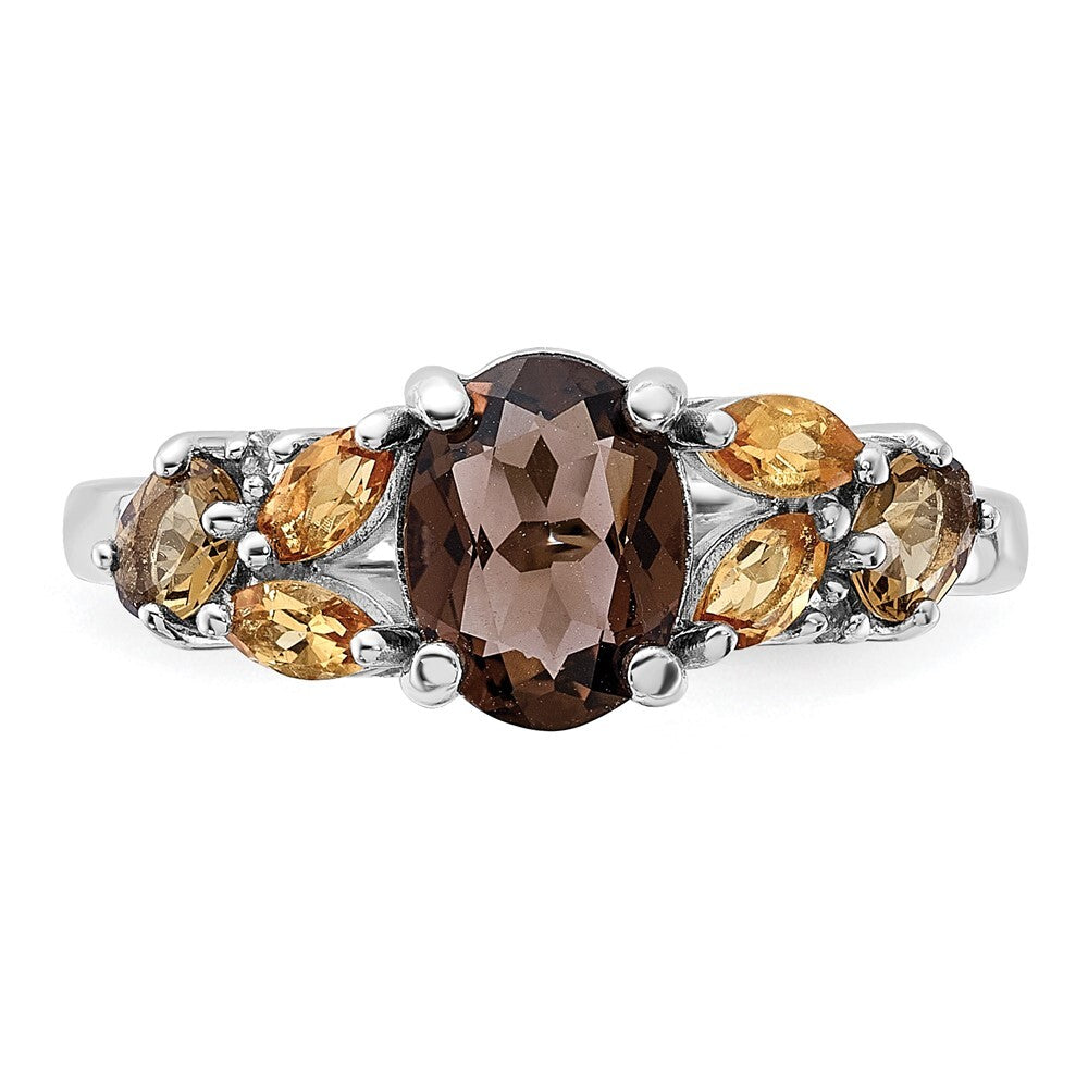 SS Rhodium Smoky and Whiskey Quartz Citrine White Topaz Ring Size 6