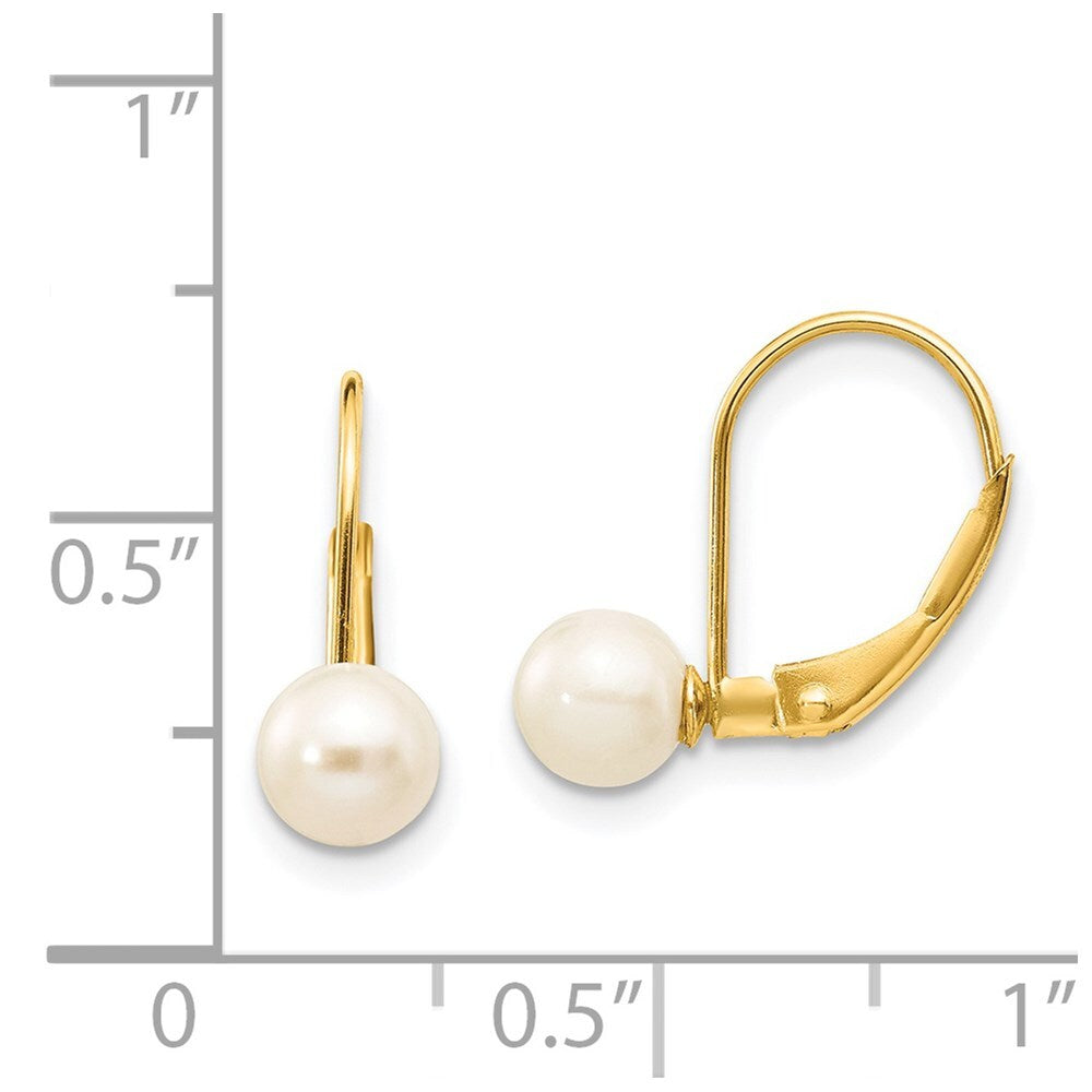 14k Yellow Gold 5-6mm White Round Freshwater Cultured Pearl Leverback Earrings