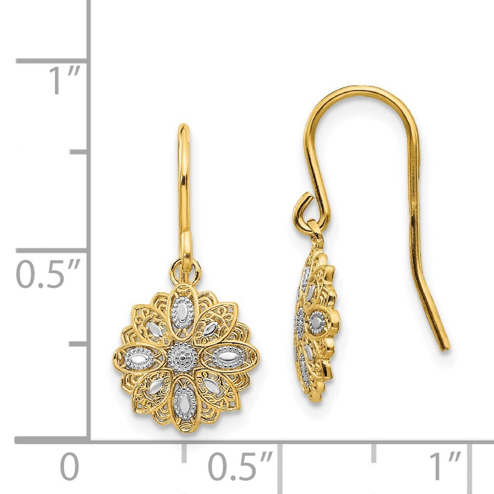 14k Yellow Gold & Rhodium Diamond-Cut Polished Fancy Dangle Earrings