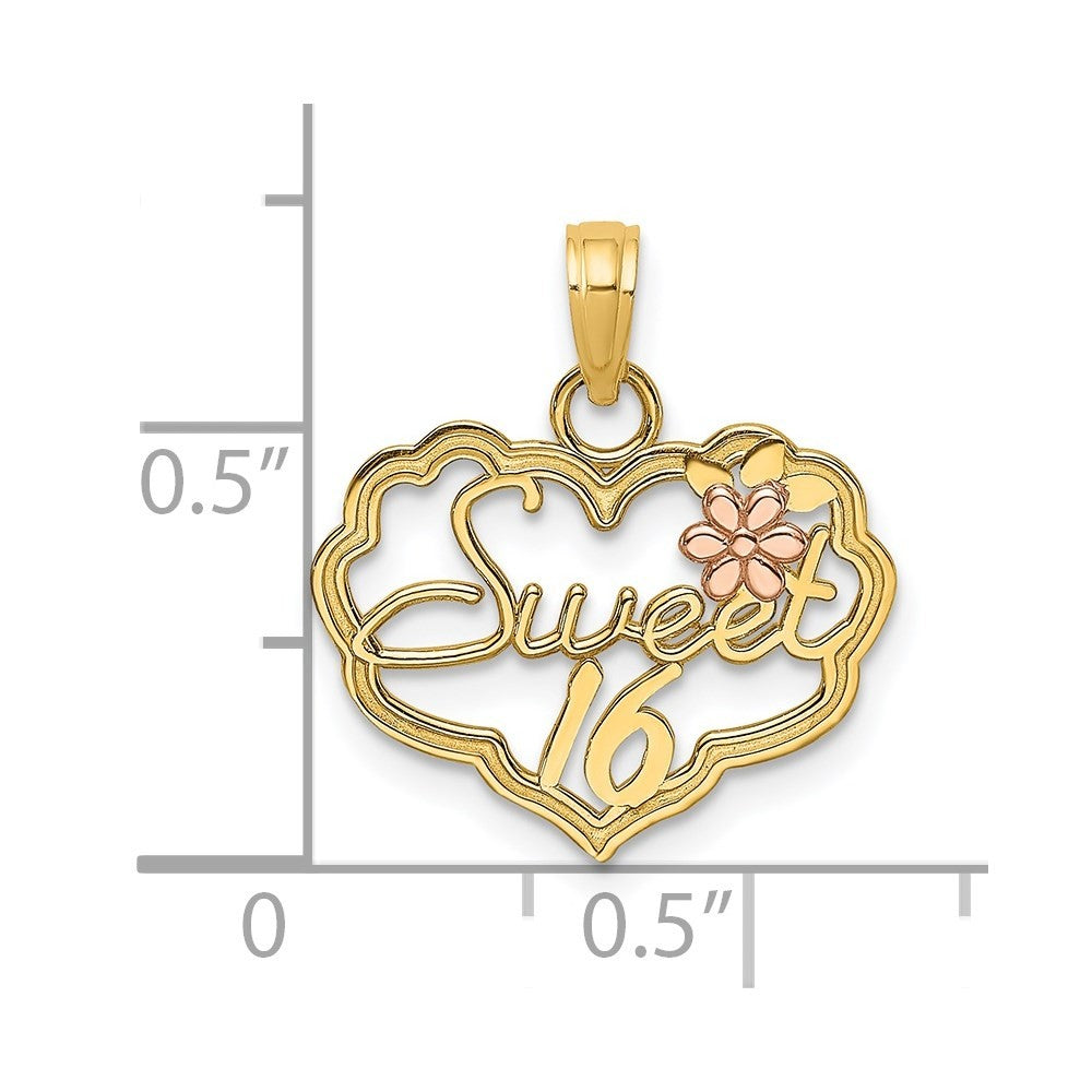 14k Two-tone Gold SWEET 16 Heart w/ Flower Charm Pendant