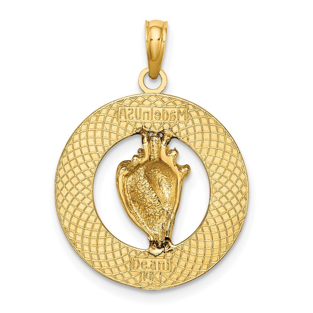 14k Yellow Gold ANTIGUA, WI Circle Enamel Conch Shell Charm Pendant for Women