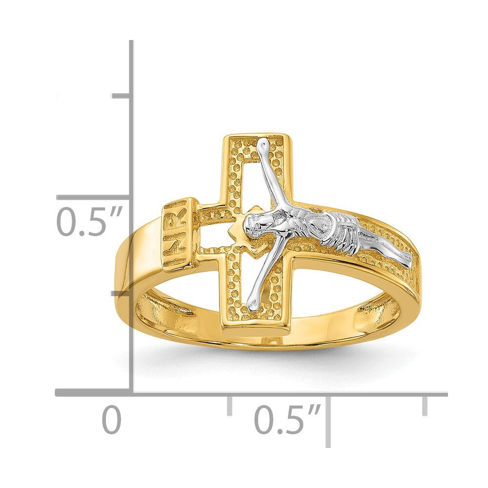 Sterling Silver Rhodium-plated Gold-tone INRI Crucifix Ring Size 8