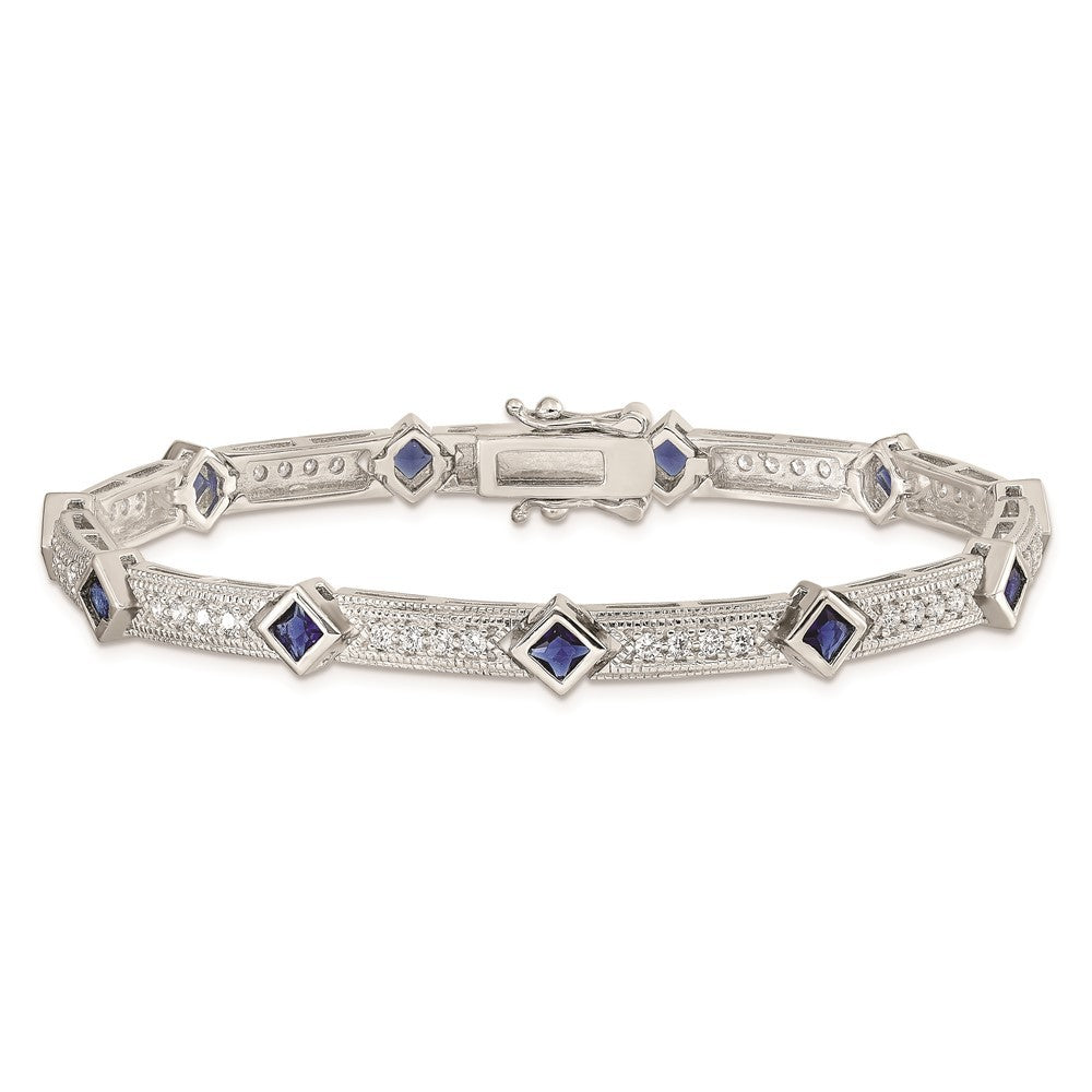 Sterling Silver Rhodium-plated Blue Glass and CZ 7.25 inch Bracelet