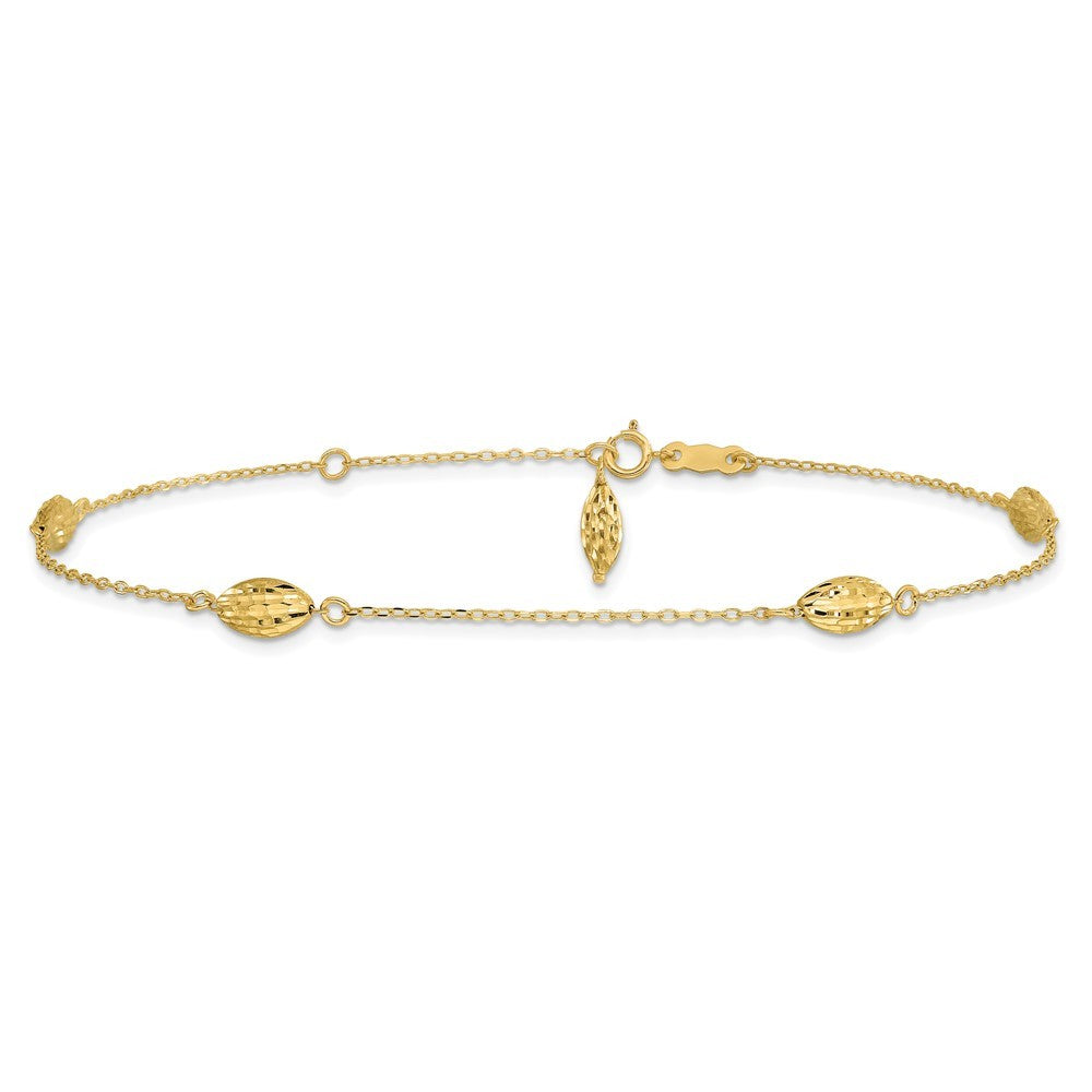 14k Yellow Gold Diamond-cut Rice Puff Beads 4-Station 10" Anklet