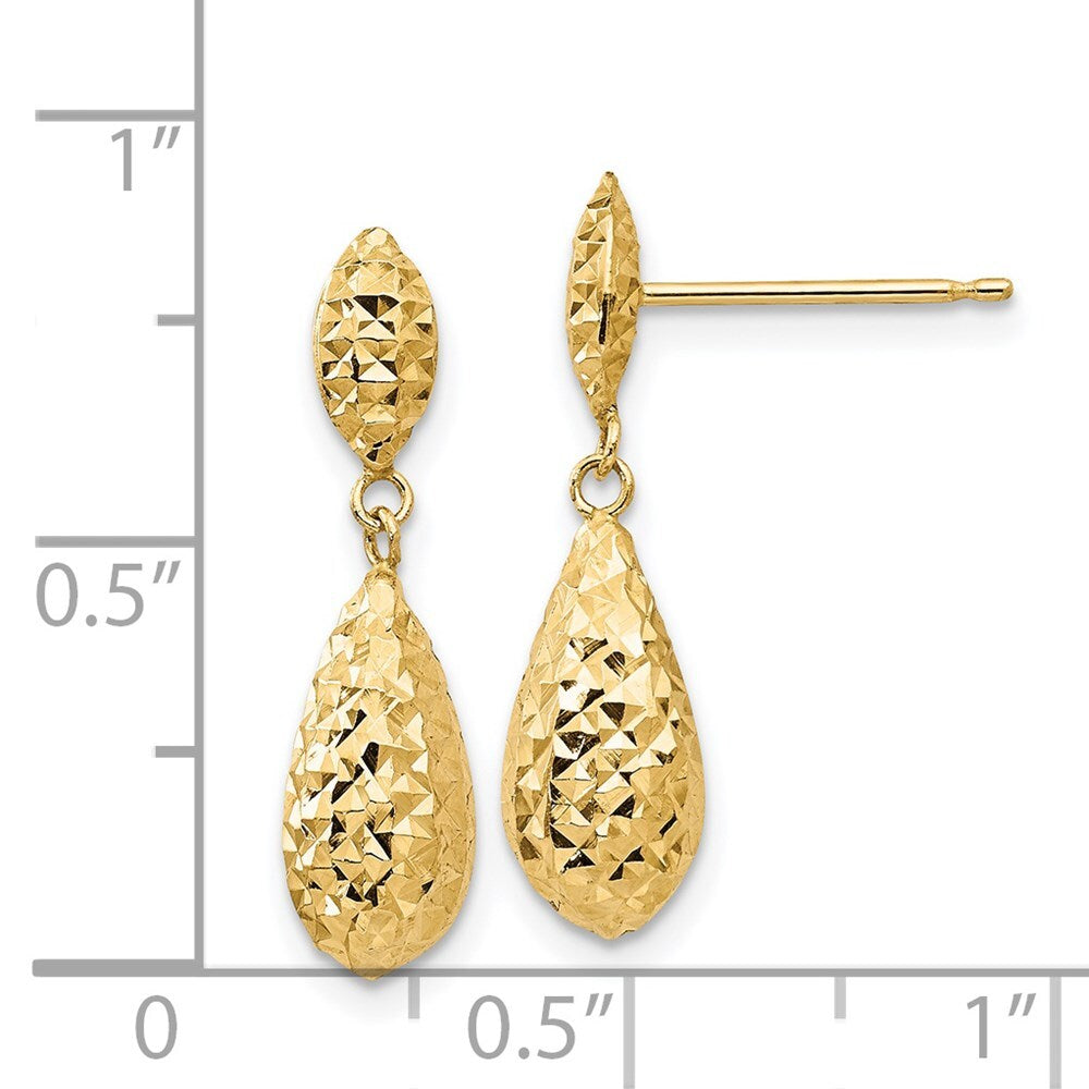 14k Yellow Gold Diamond-cut Puff Teardrop Dangle Earrings Gift for Women