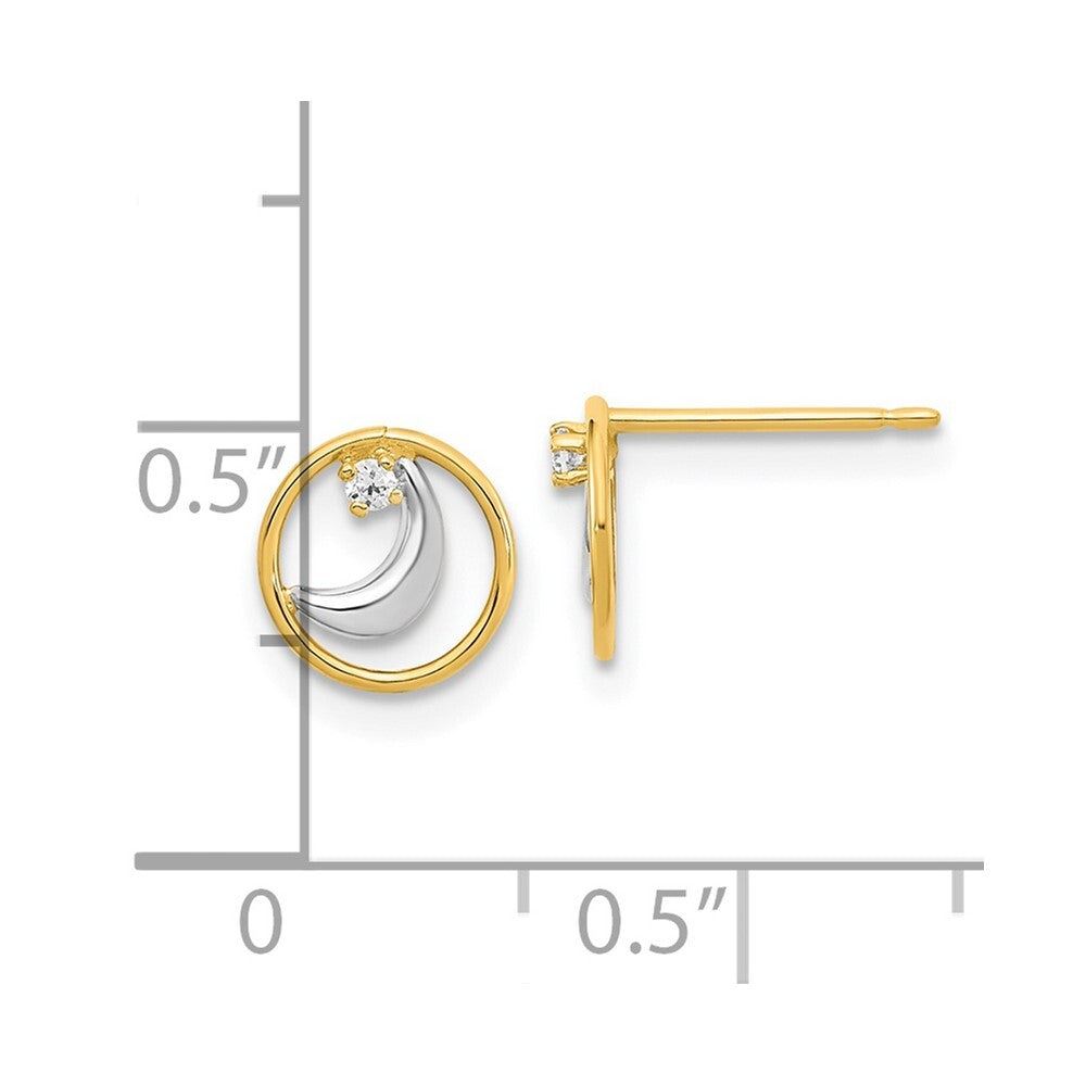 14k Yellow Gold Gold Rhodium Open Circle Cubic Zirconia Half Moon Stud Earrings