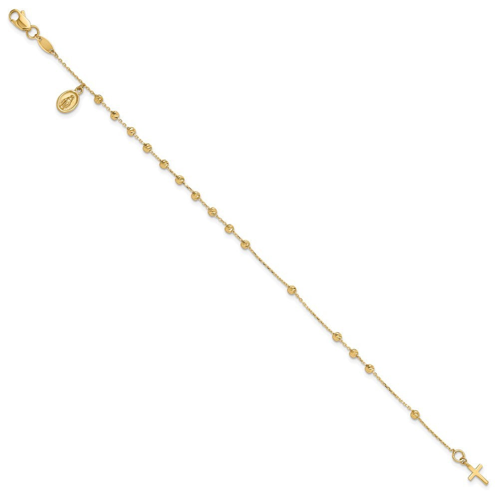 14k Yellow Gold and Diamond-cut Miraculous Medal and Cross 7.5" Rosary Bracelet