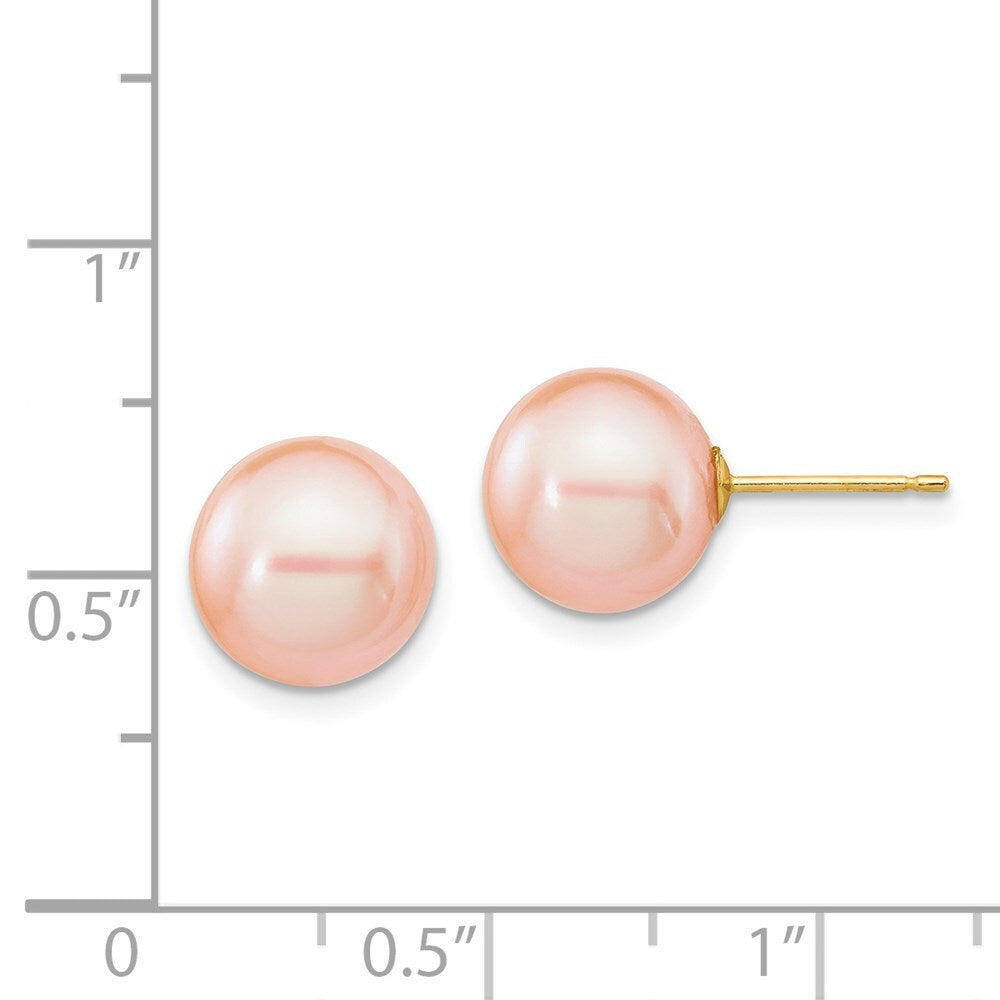 14k Yellow Gold 9-10mm Pink Round Freshwater Cultured Pearl Stud Earrings