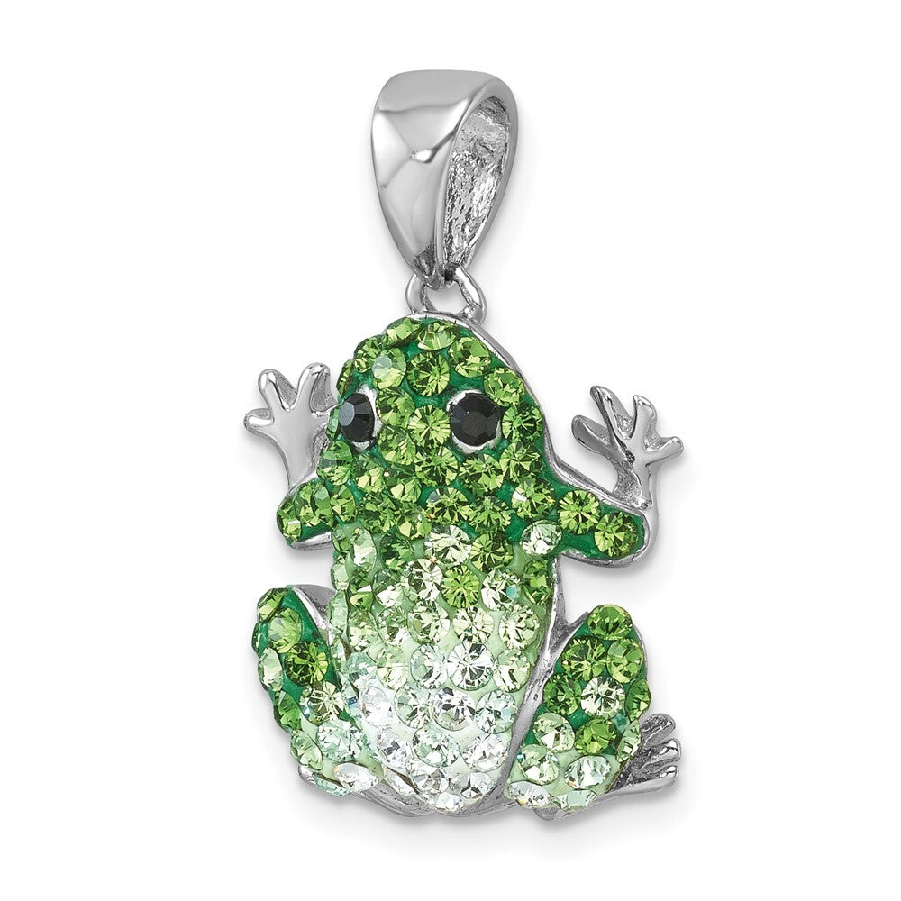 Sterling Silver Rhodium-plated Polished Green and White Crystal Frog Pendant