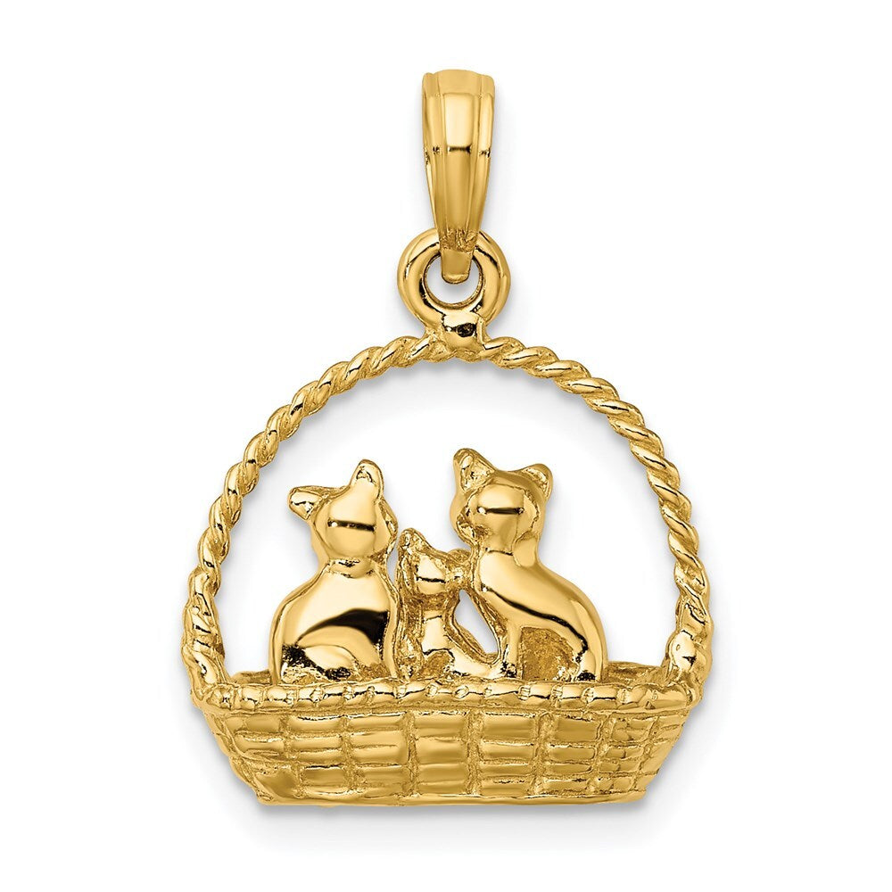 14k Yellow Gold 3-D Cats Inside Of Basket Charm Pendant for Women