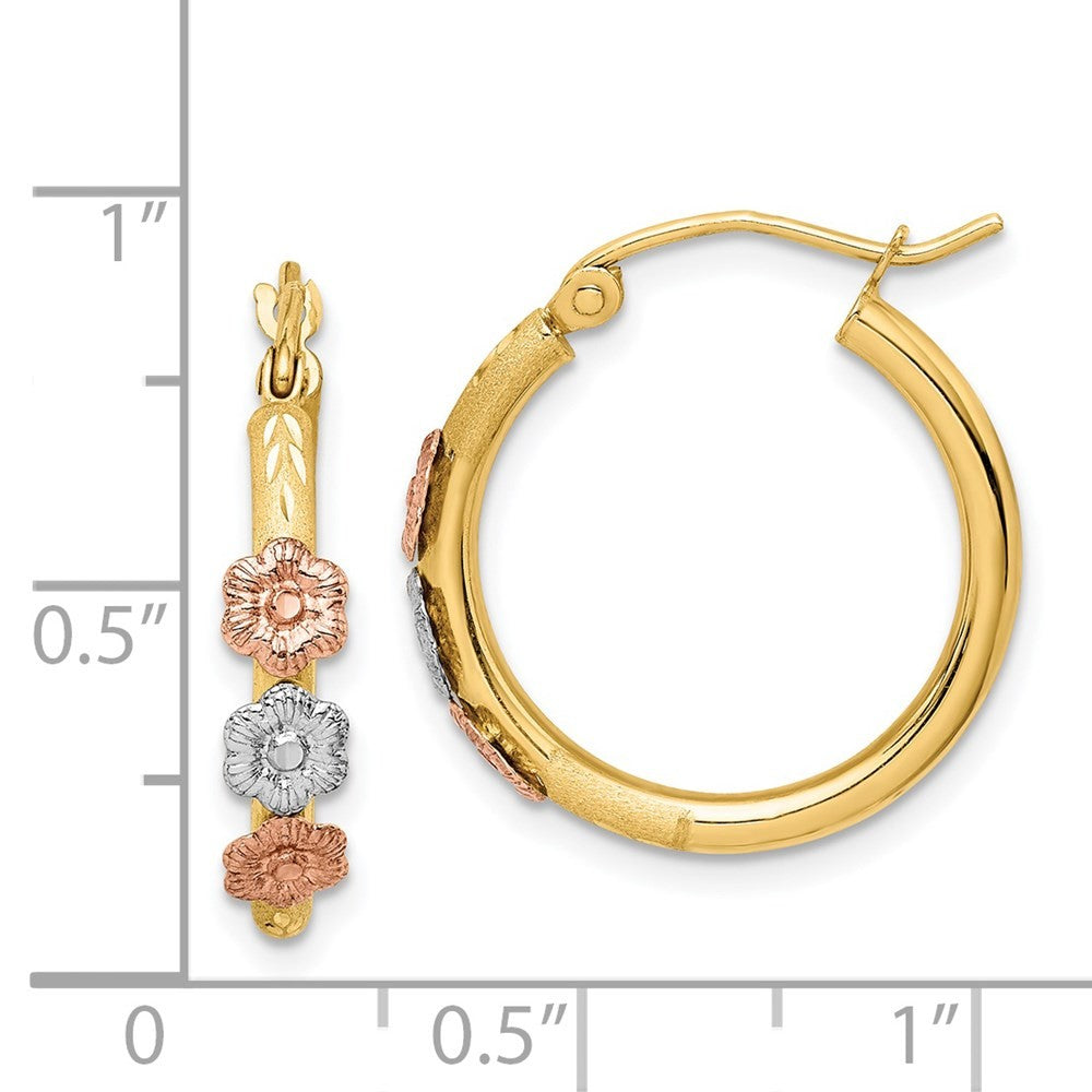 14k Tri-color Polished & Satin Tri-color Flower Hoop Earrings