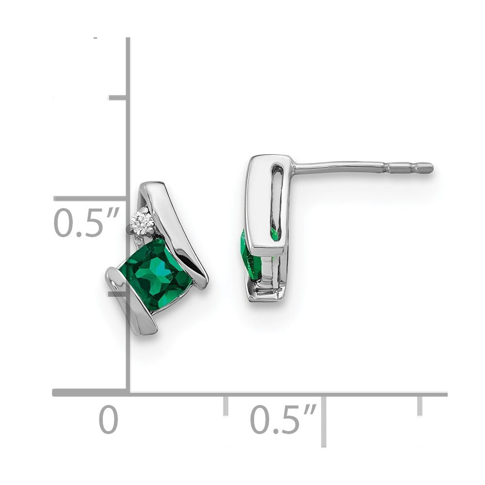 14K White Gold Cushion Cr. Emerald and Diamond Stud Earrings Gift for Women