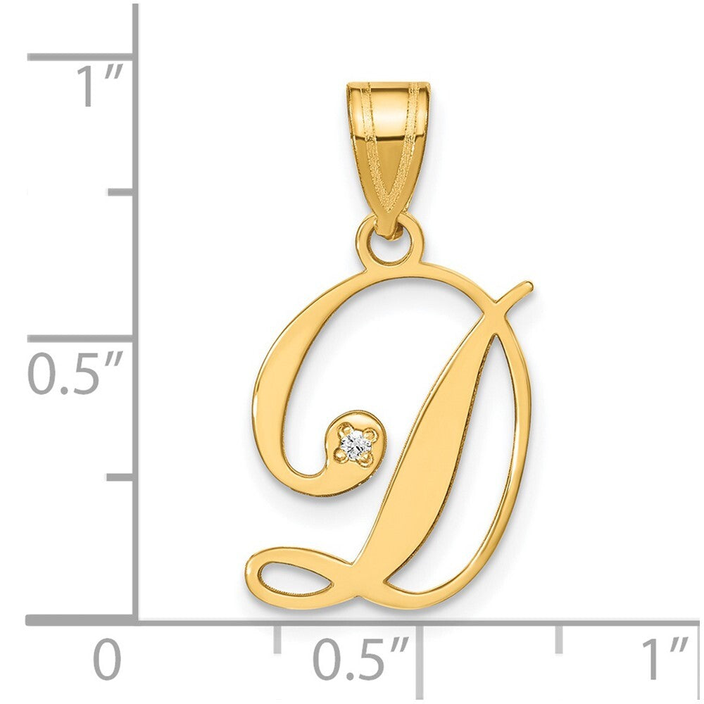 14k Yellow Gold Script Letter D Initial Pendant with Diamond for Women