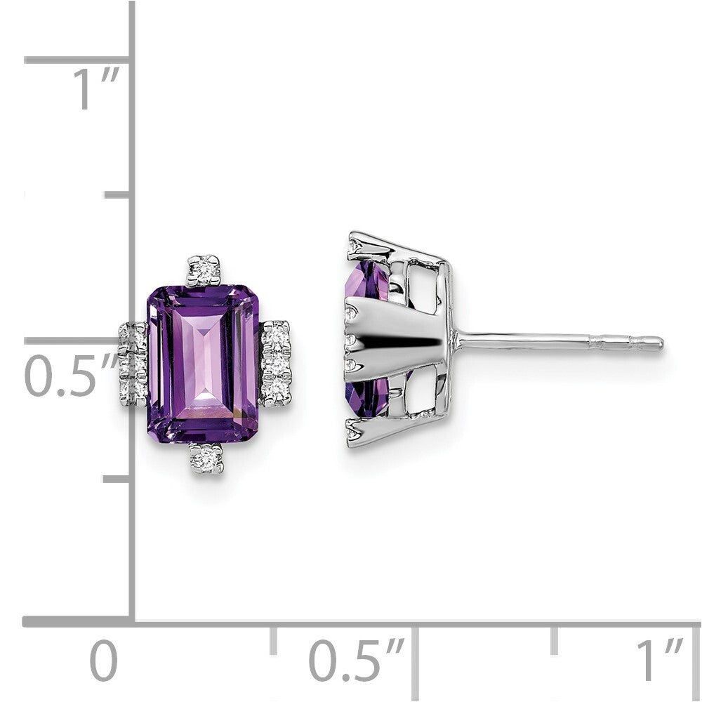 14k White Gold Emerald-shape Amethyst and Diamond Stud Earrings